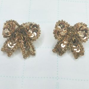 VTG Handmade Gold Bow Sequin Beaded Earrings